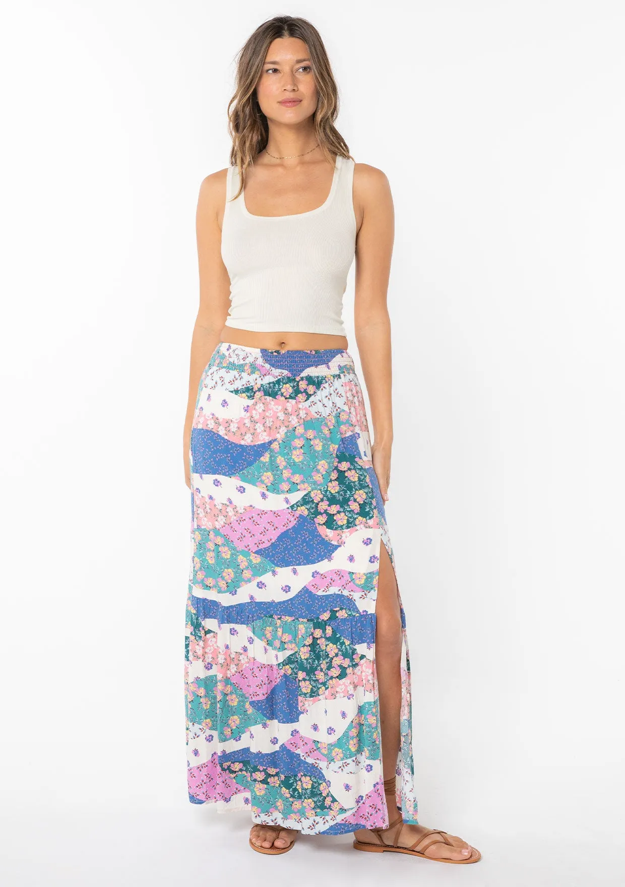 Floral Patchwork Smocked Maxi Skirt