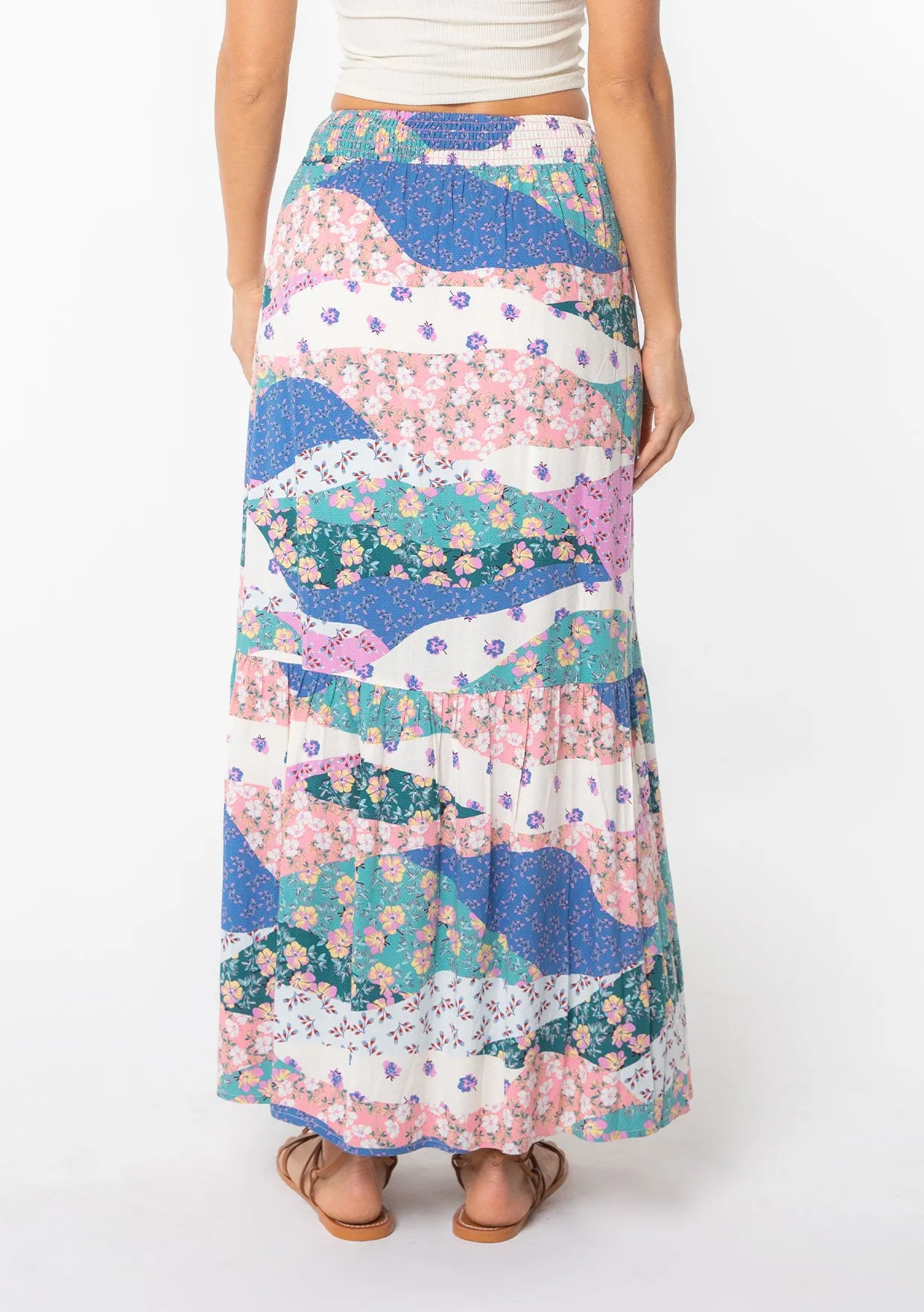 Floral Patchwork Smocked Maxi Skirt