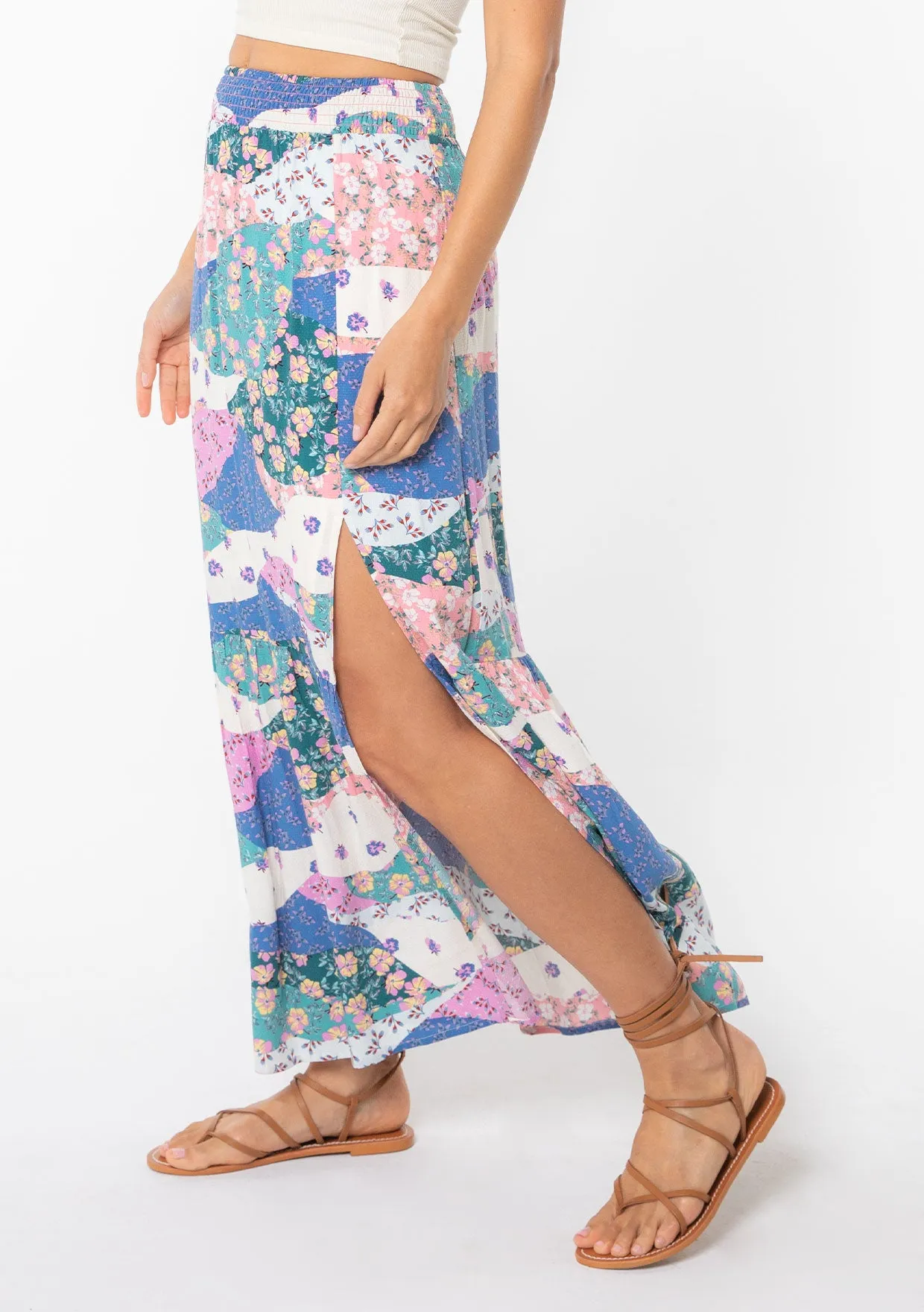 Floral Patchwork Smocked Maxi Skirt