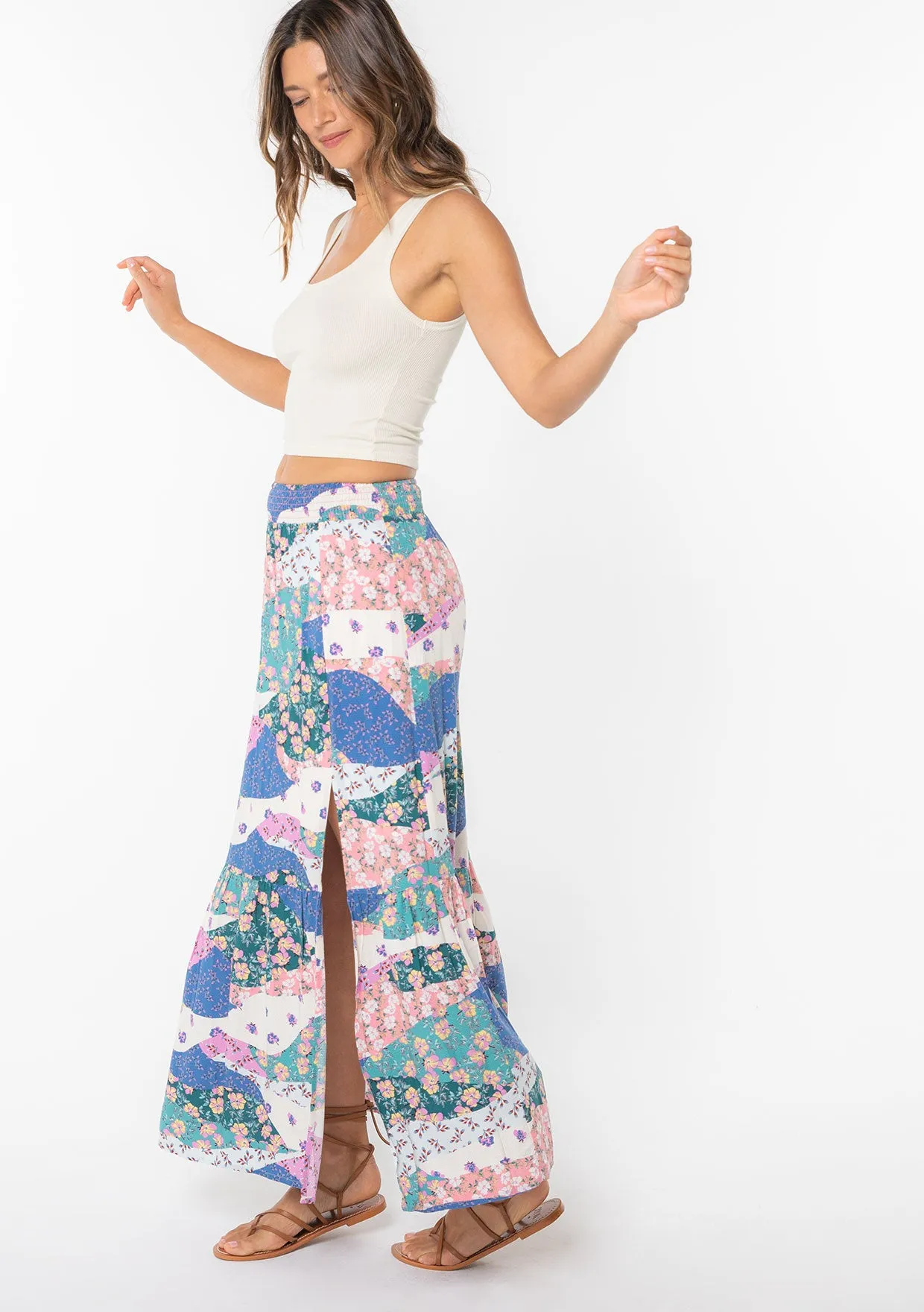 Floral Patchwork Smocked Maxi Skirt