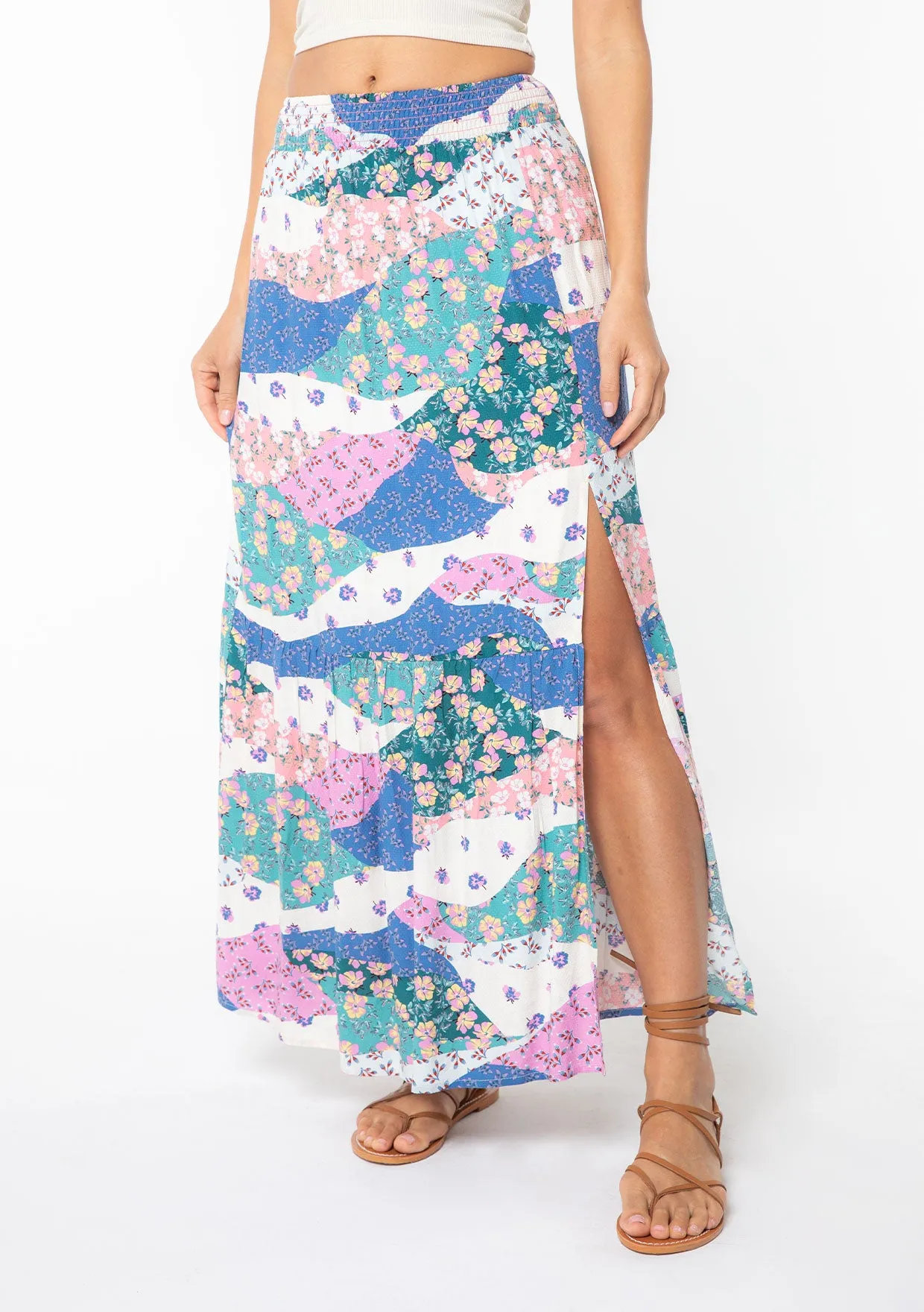 Floral Patchwork Smocked Maxi Skirt