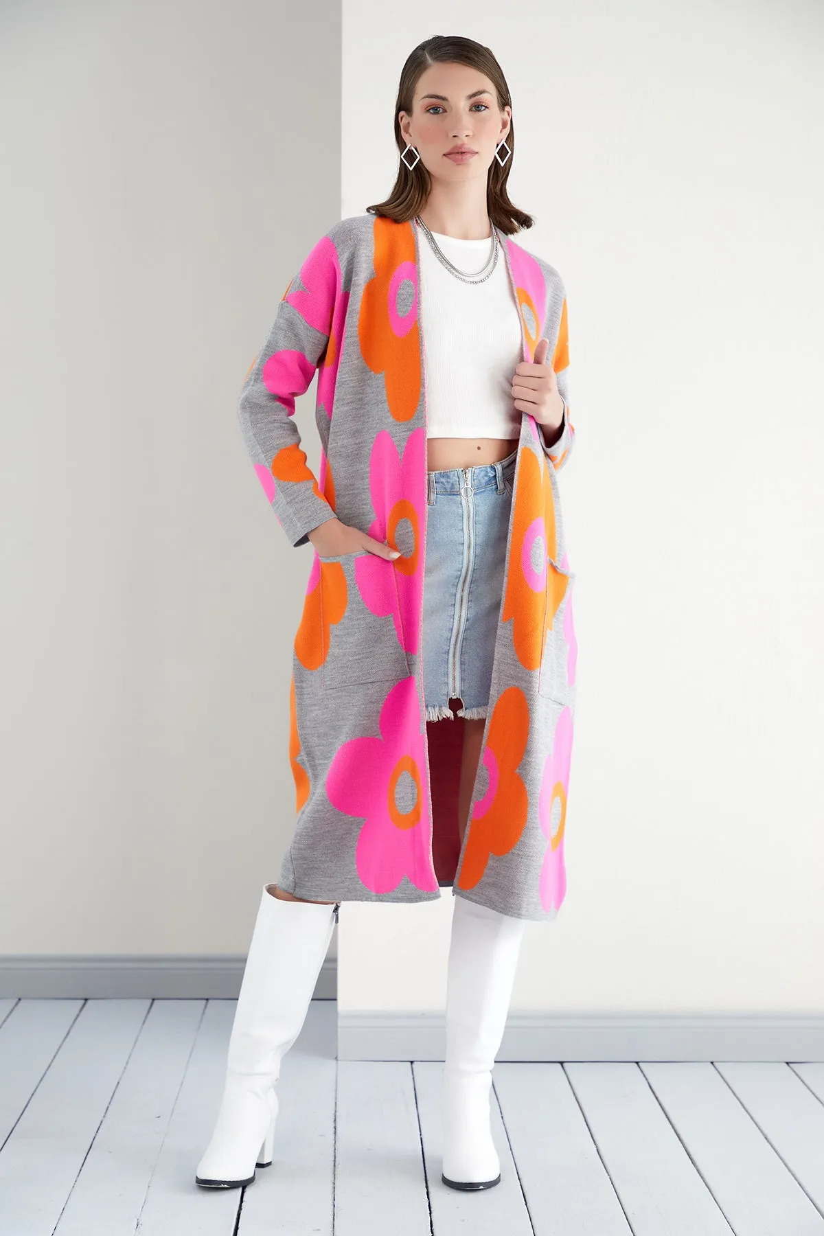 Floral print Longline Cardigan in Fuchsia/Orange