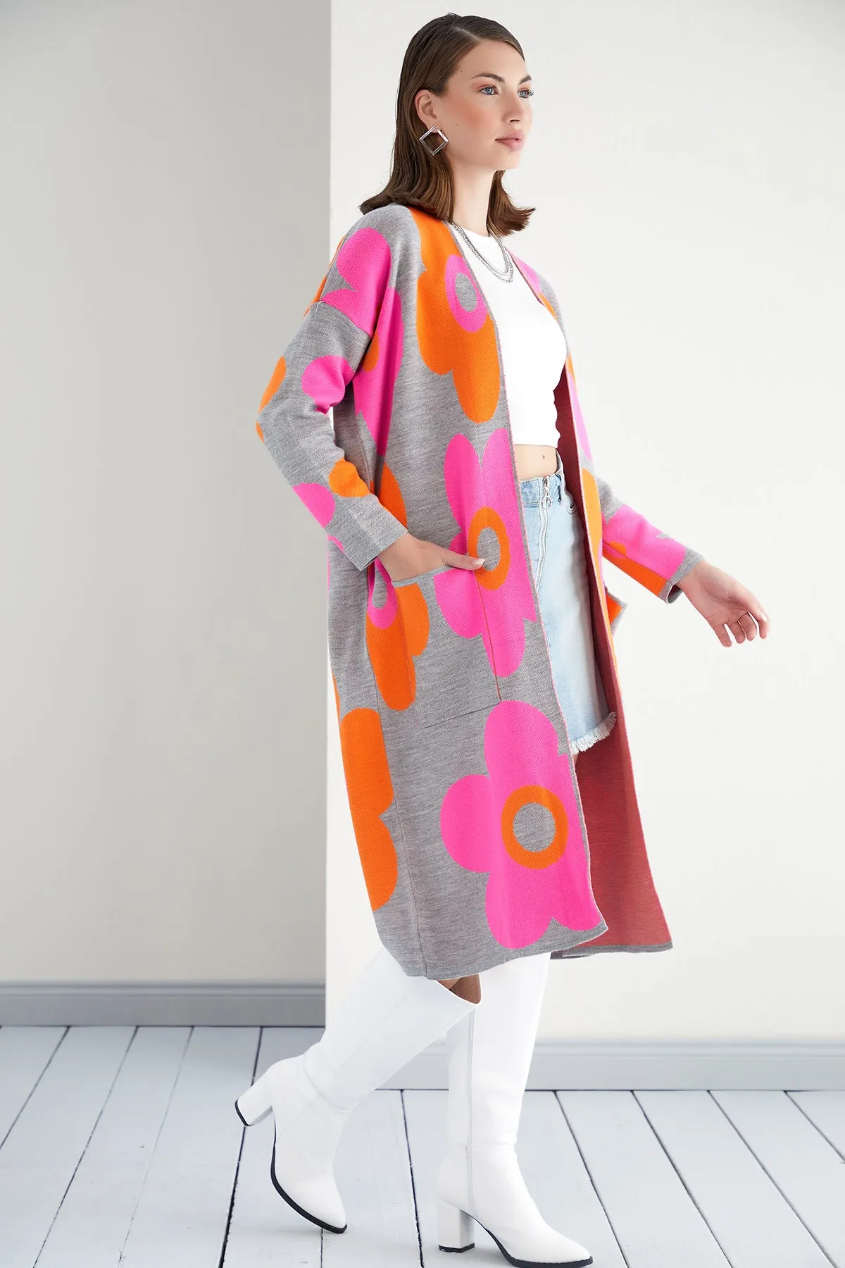 Floral print Longline Cardigan in Fuchsia/Orange
