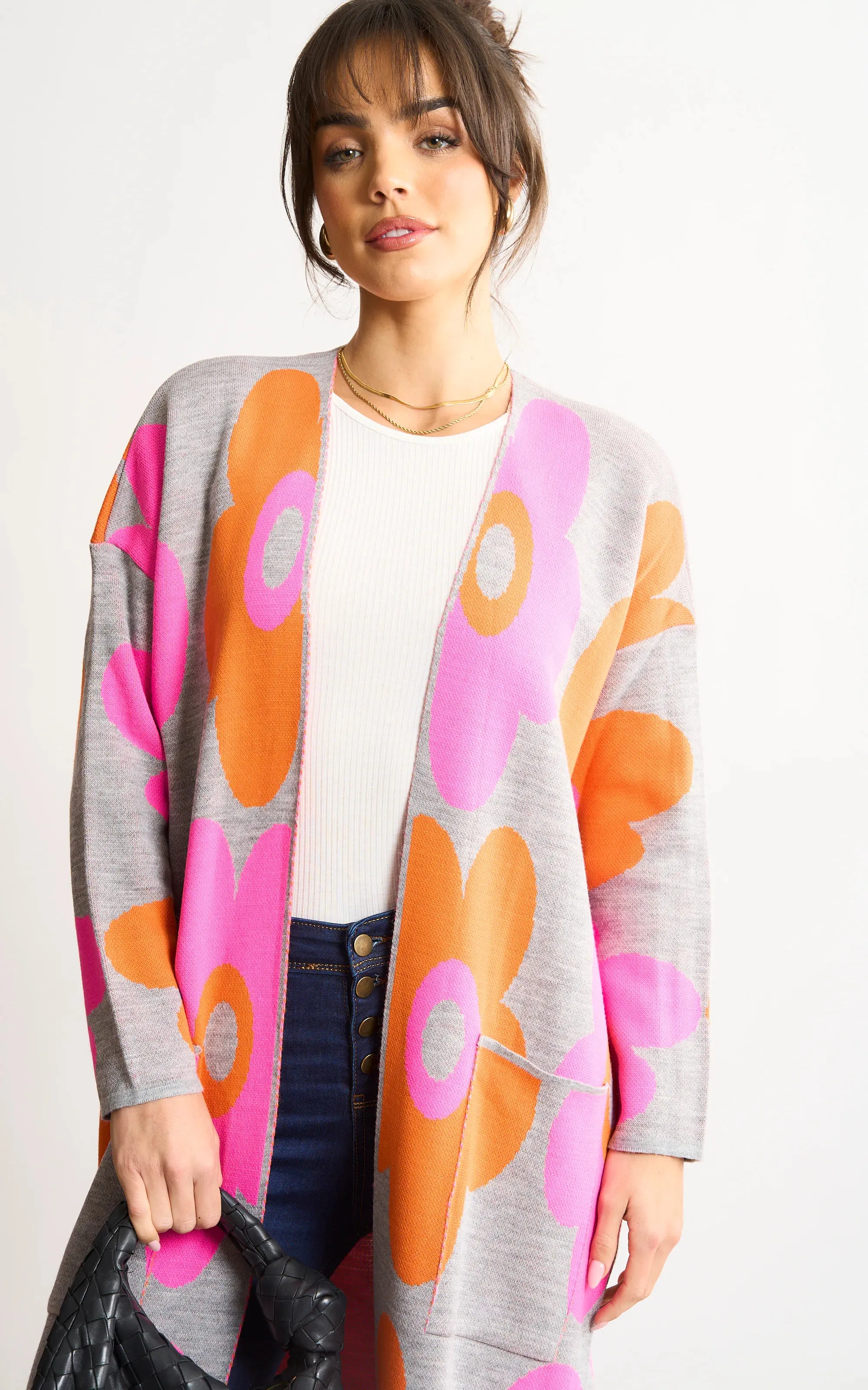 Floral print Longline Cardigan in Fuchsia/Orange