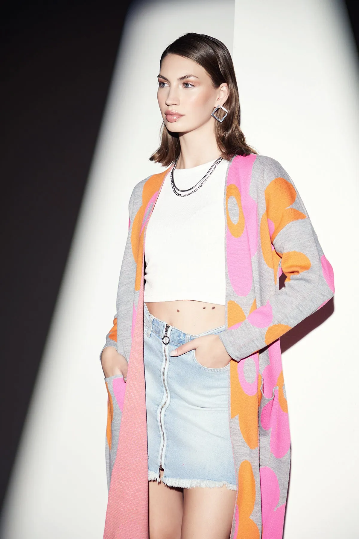 Floral print Longline Cardigan in Fuchsia/Orange