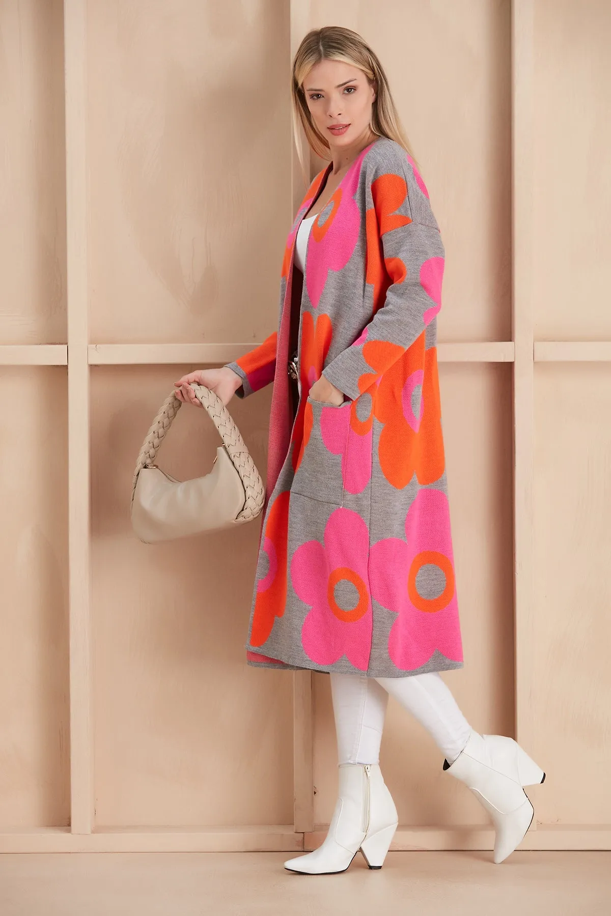 Floral print Longline Cardigan in Fuchsia/Orange