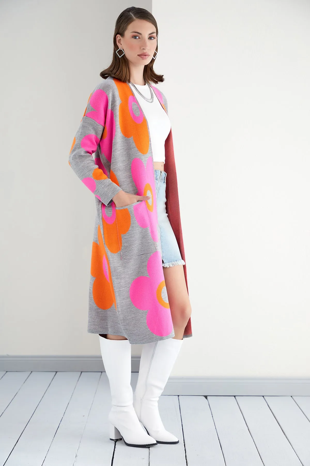 Floral print Longline Cardigan in Fuchsia/Orange