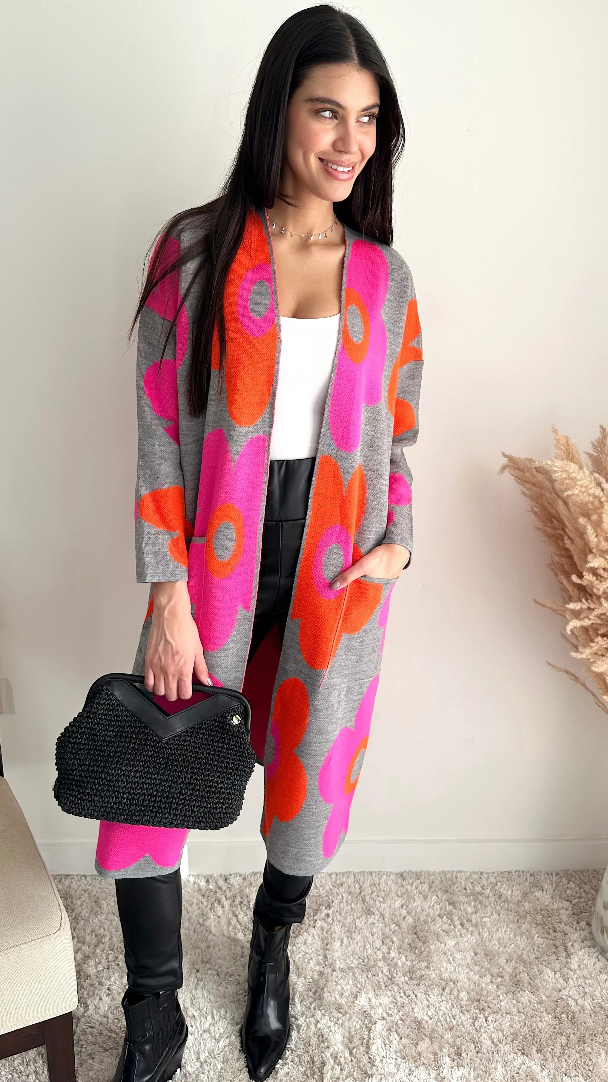 Floral print Longline Cardigan in Fuchsia/Orange