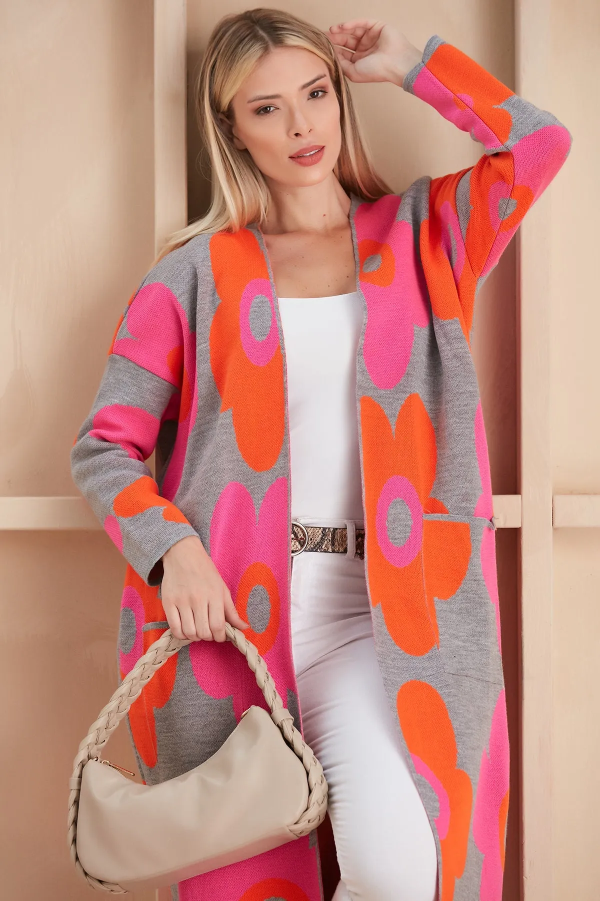 Floral print Longline Cardigan in Fuchsia/Orange