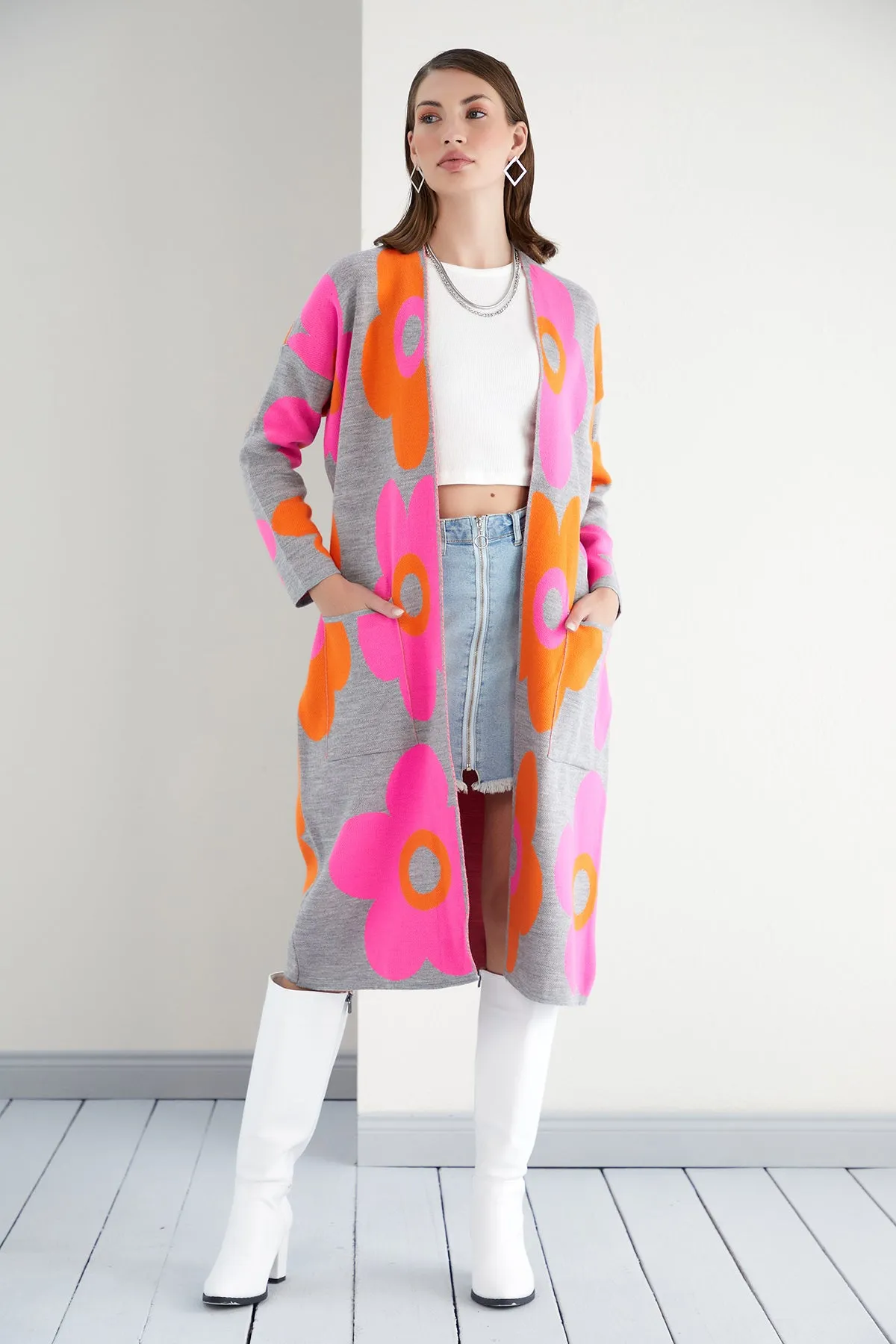 Floral print Longline Cardigan in Fuchsia/Orange