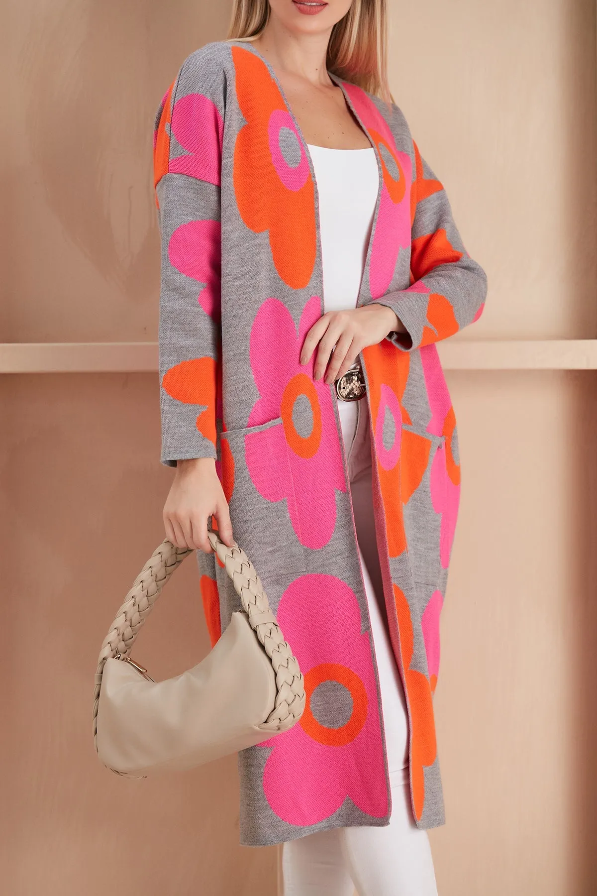 Floral print Longline Cardigan in Fuchsia/Orange