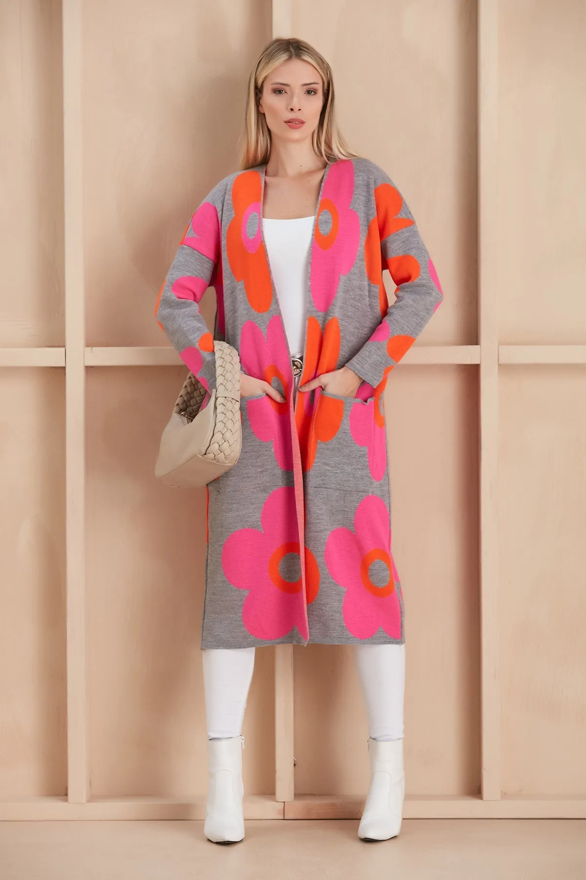 Floral print Longline Cardigan in Fuchsia/Orange
