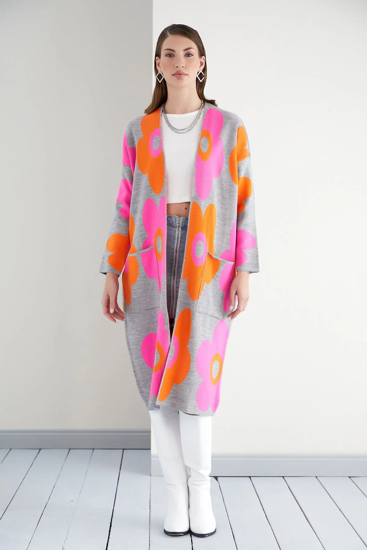 Floral print Longline Cardigan in Fuchsia/Orange