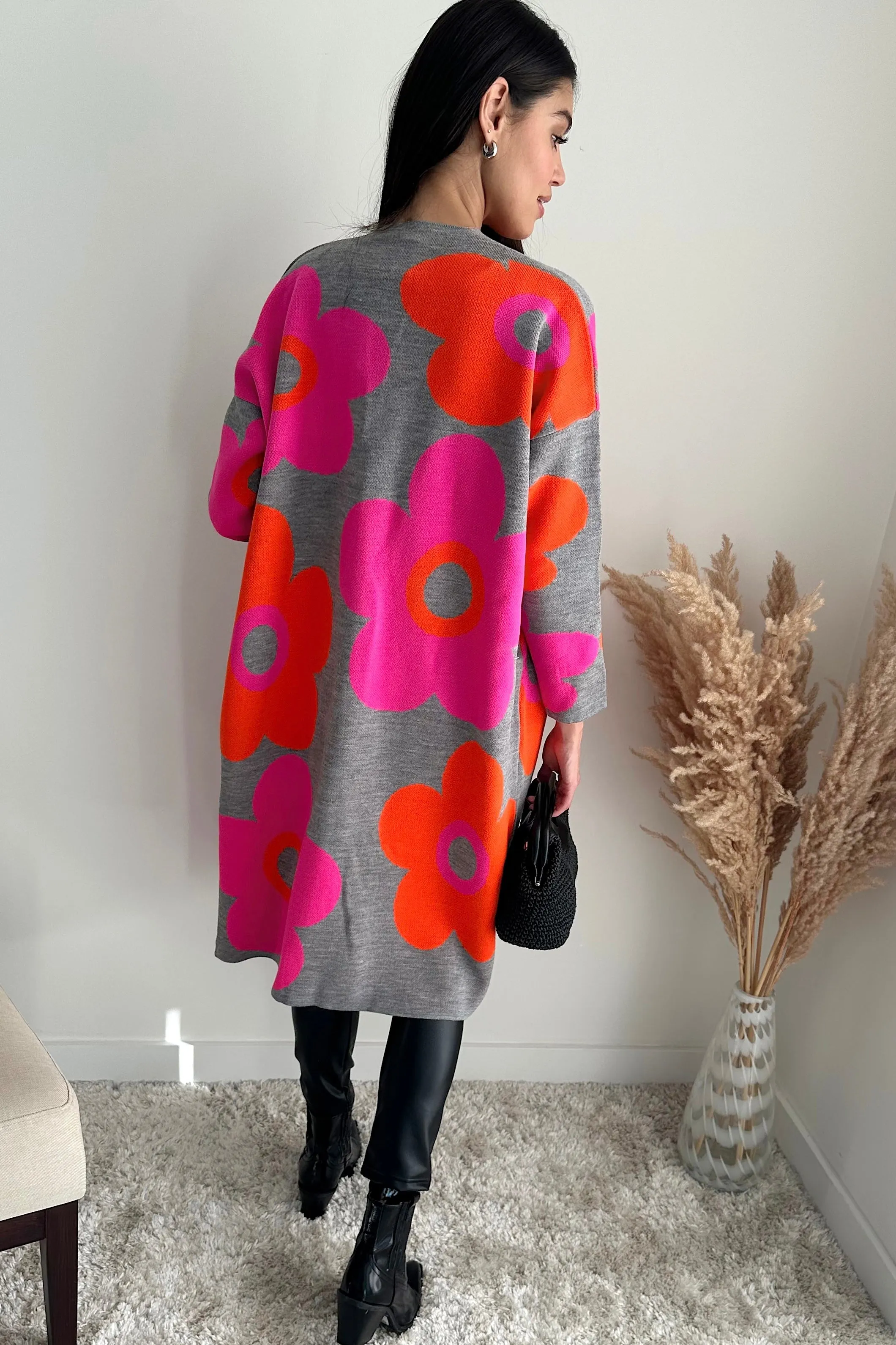 Floral print Longline Cardigan in Fuchsia/Orange