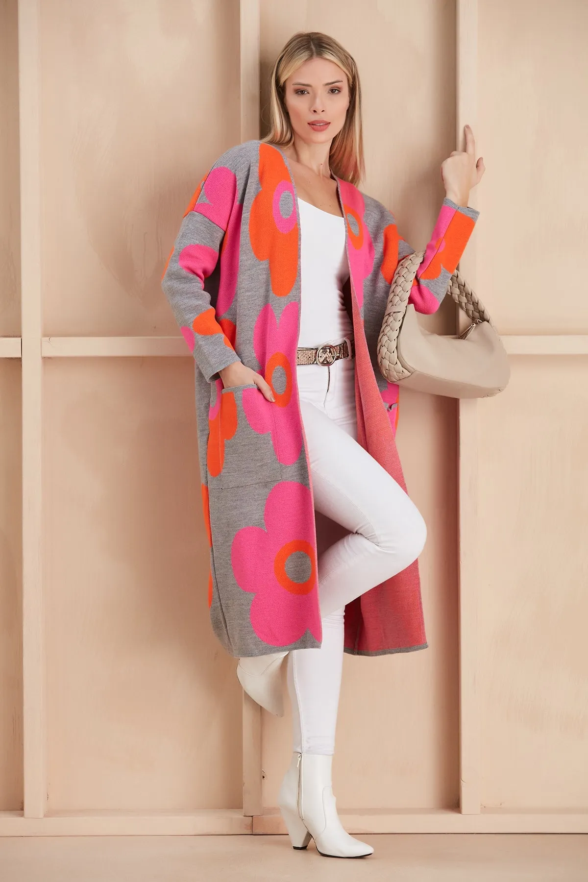 Floral print Longline Cardigan in Fuchsia/Orange
