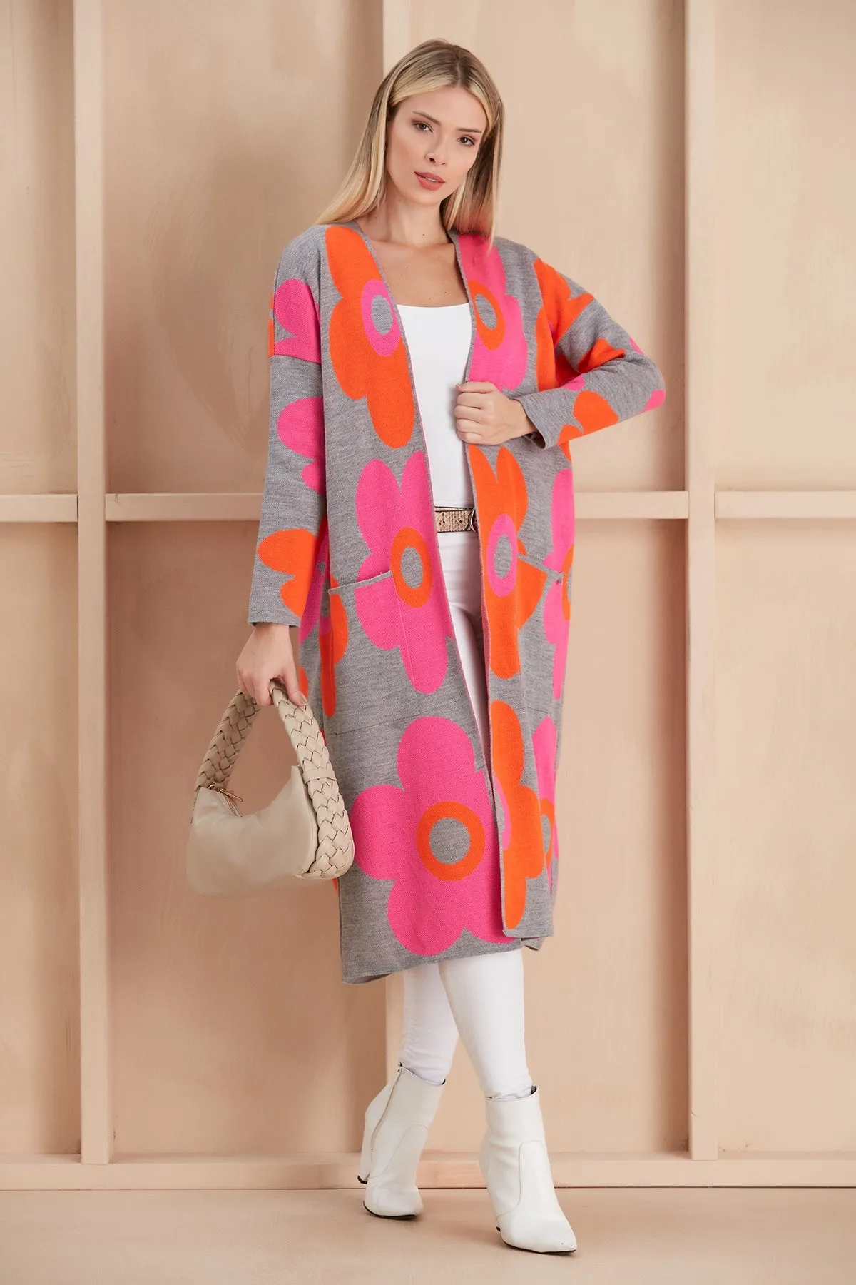 Floral print Longline Cardigan in Fuchsia/Orange