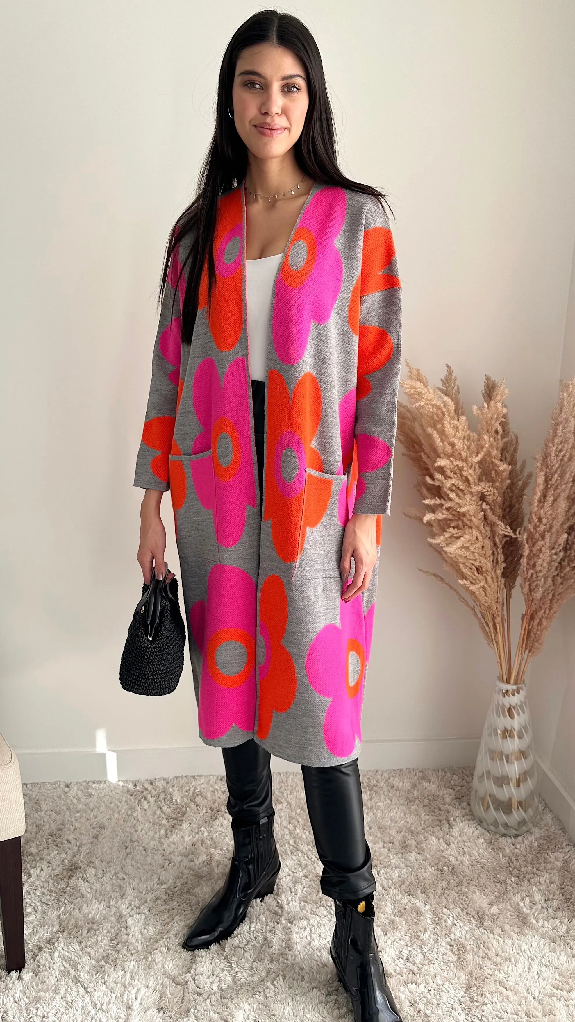Floral print Longline Cardigan in Fuchsia/Orange