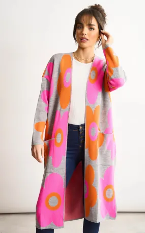Floral print Longline Cardigan in Fuchsia/Orange