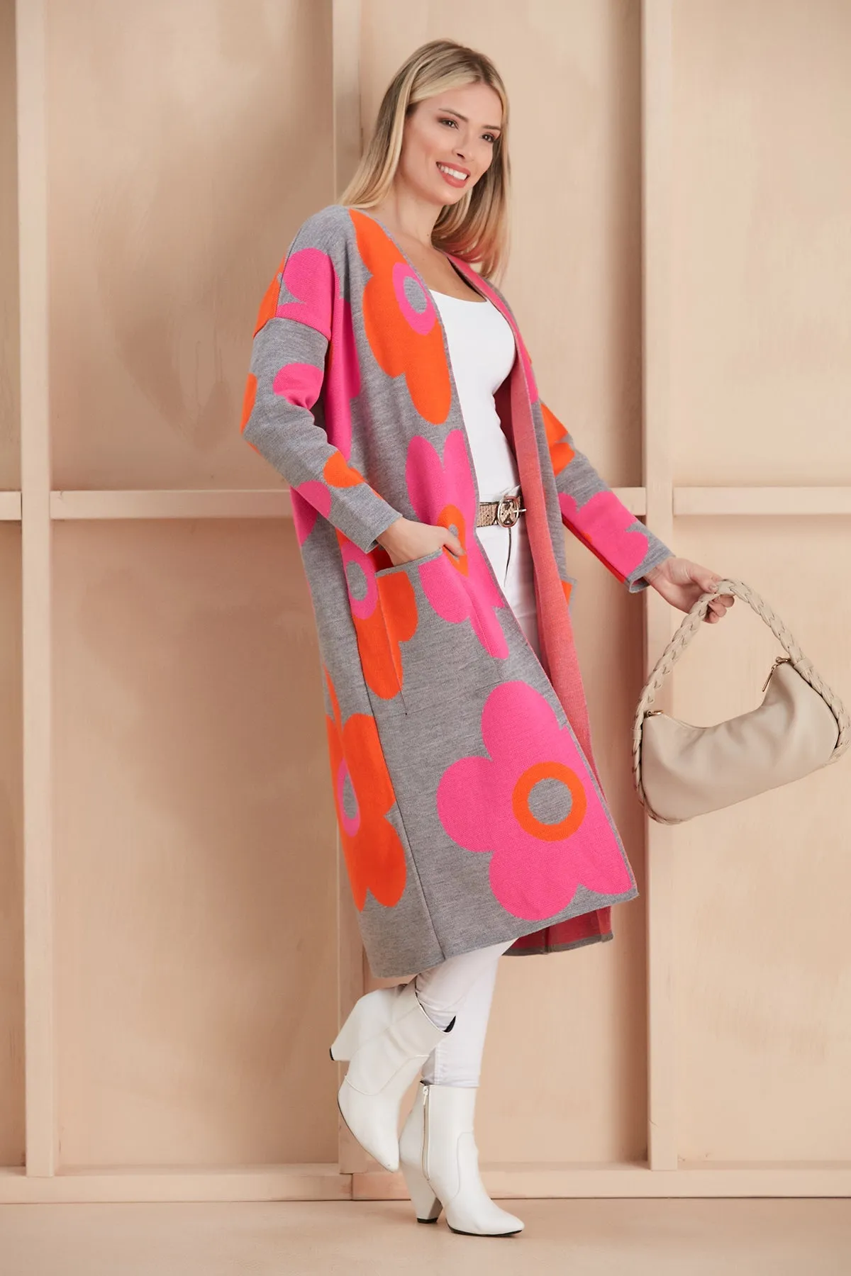 Floral print Longline Cardigan in Fuchsia/Orange