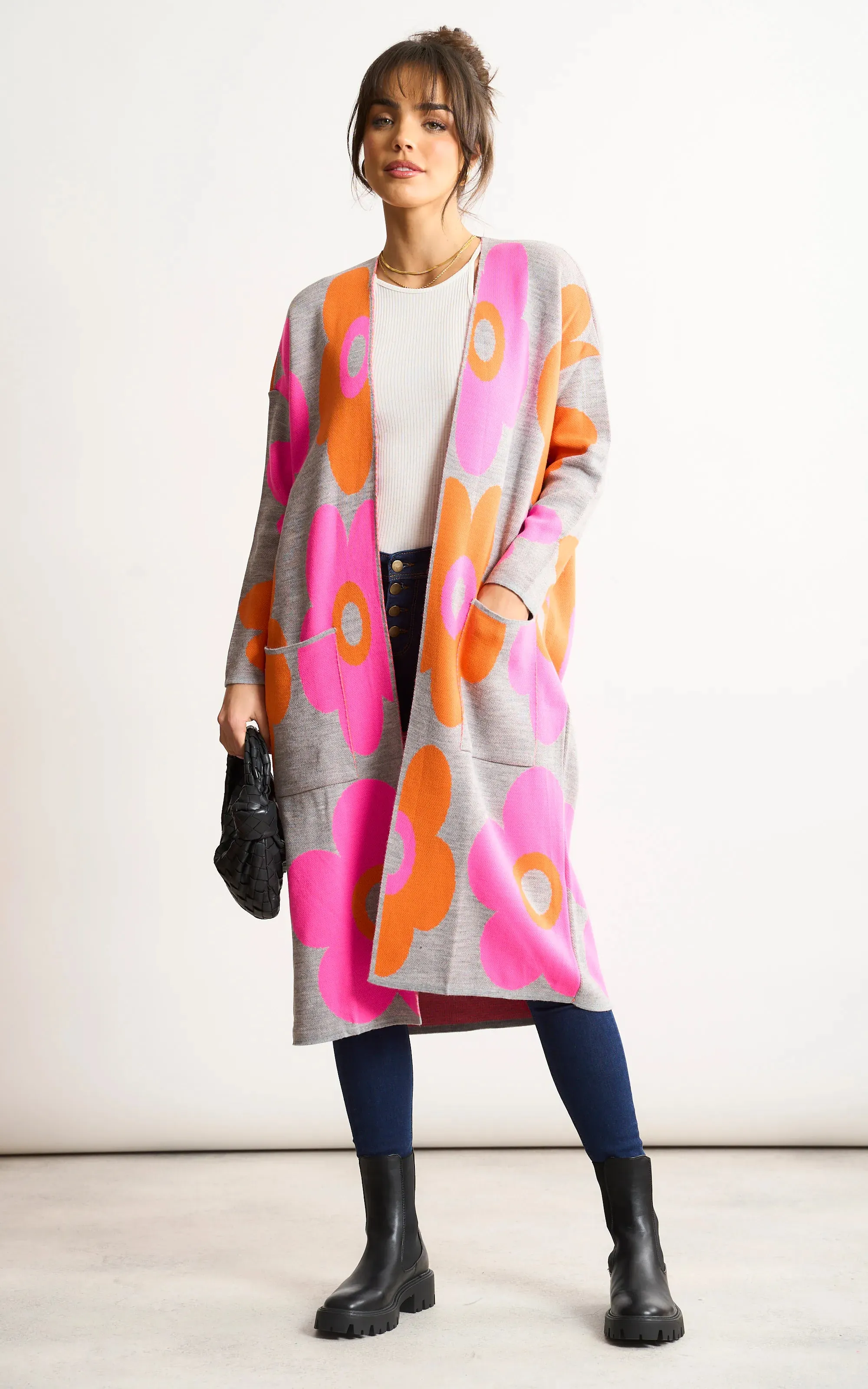 Floral print Longline Cardigan in Fuchsia/Orange