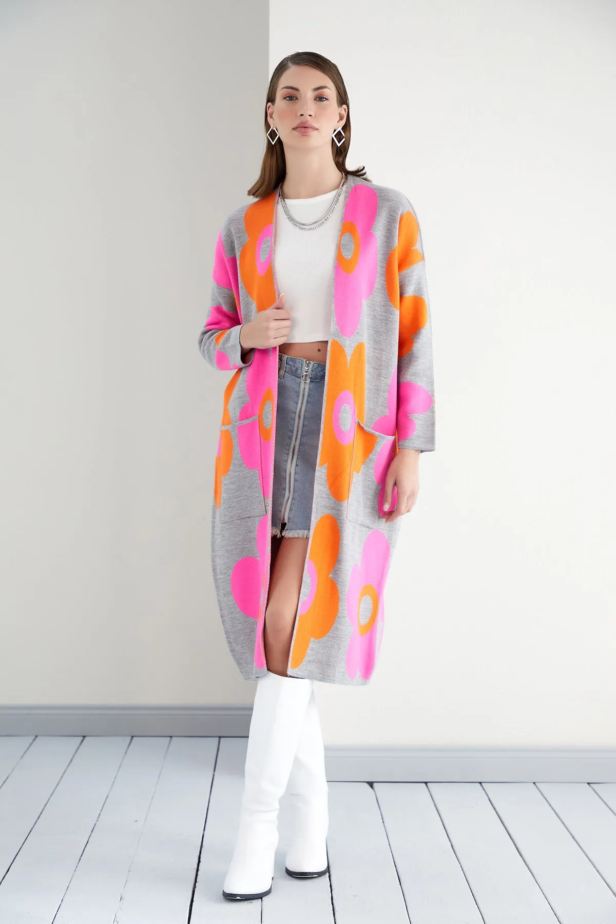 Floral print Longline Cardigan in Fuchsia/Orange
