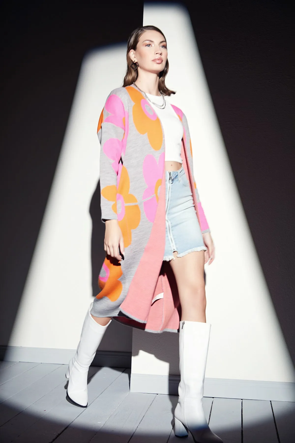 Floral print Longline Cardigan in Fuchsia/Orange