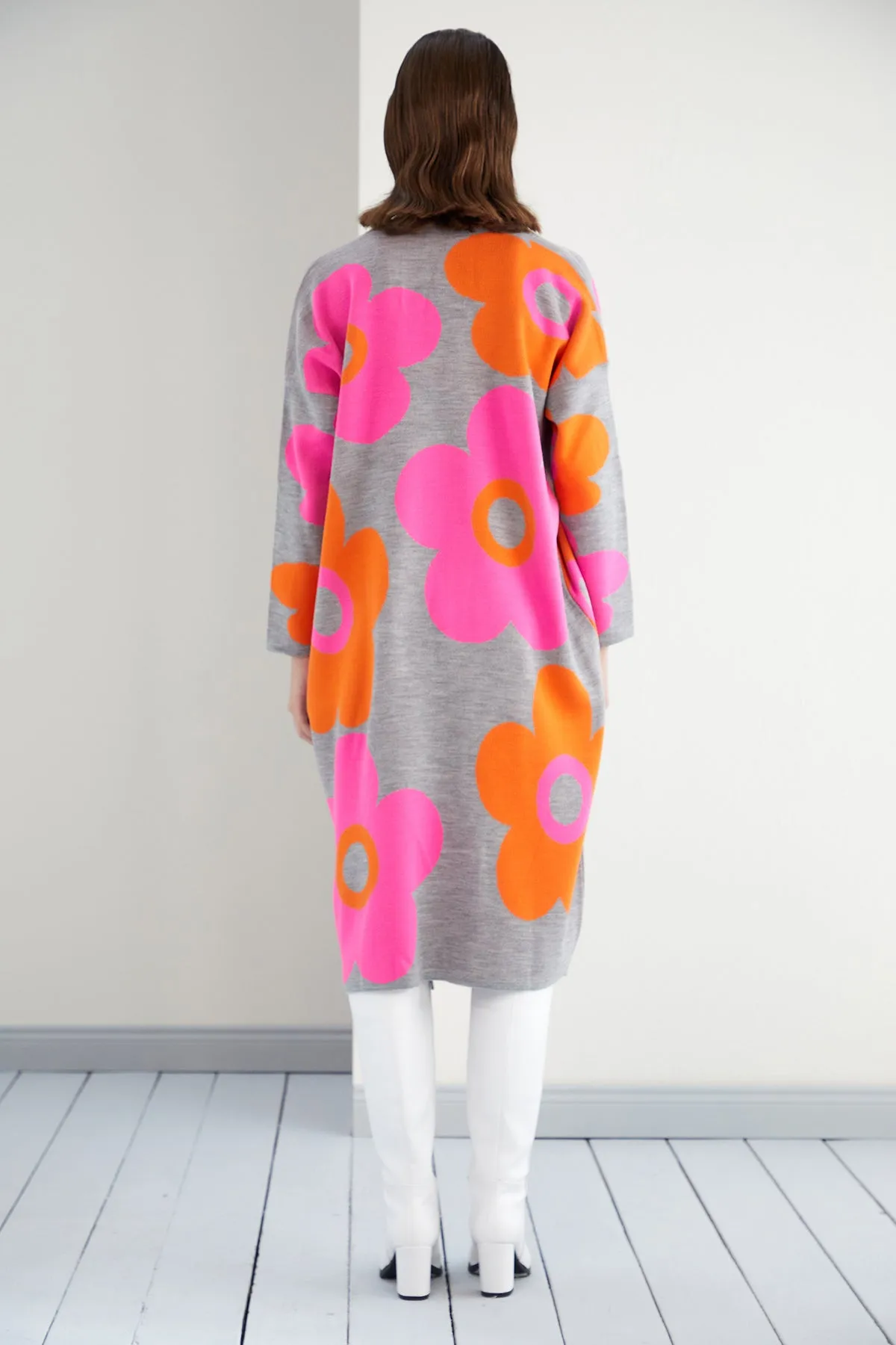 Floral print Longline Cardigan in Fuchsia/Orange