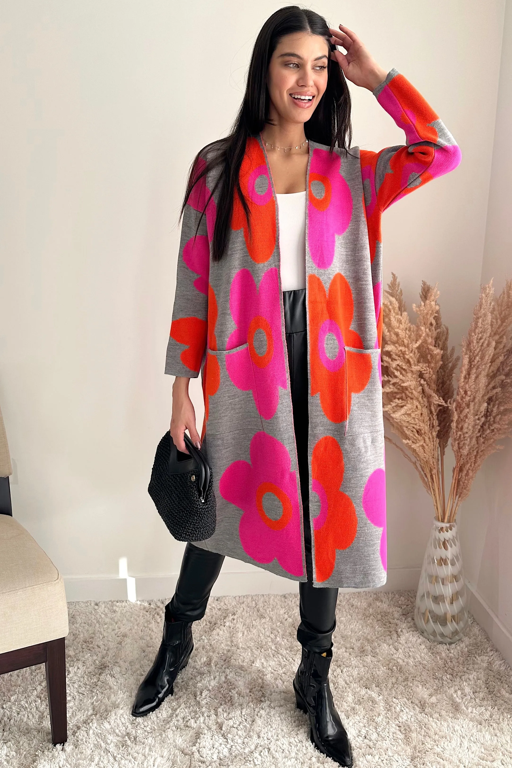 Floral print Longline Cardigan in Fuchsia/Orange