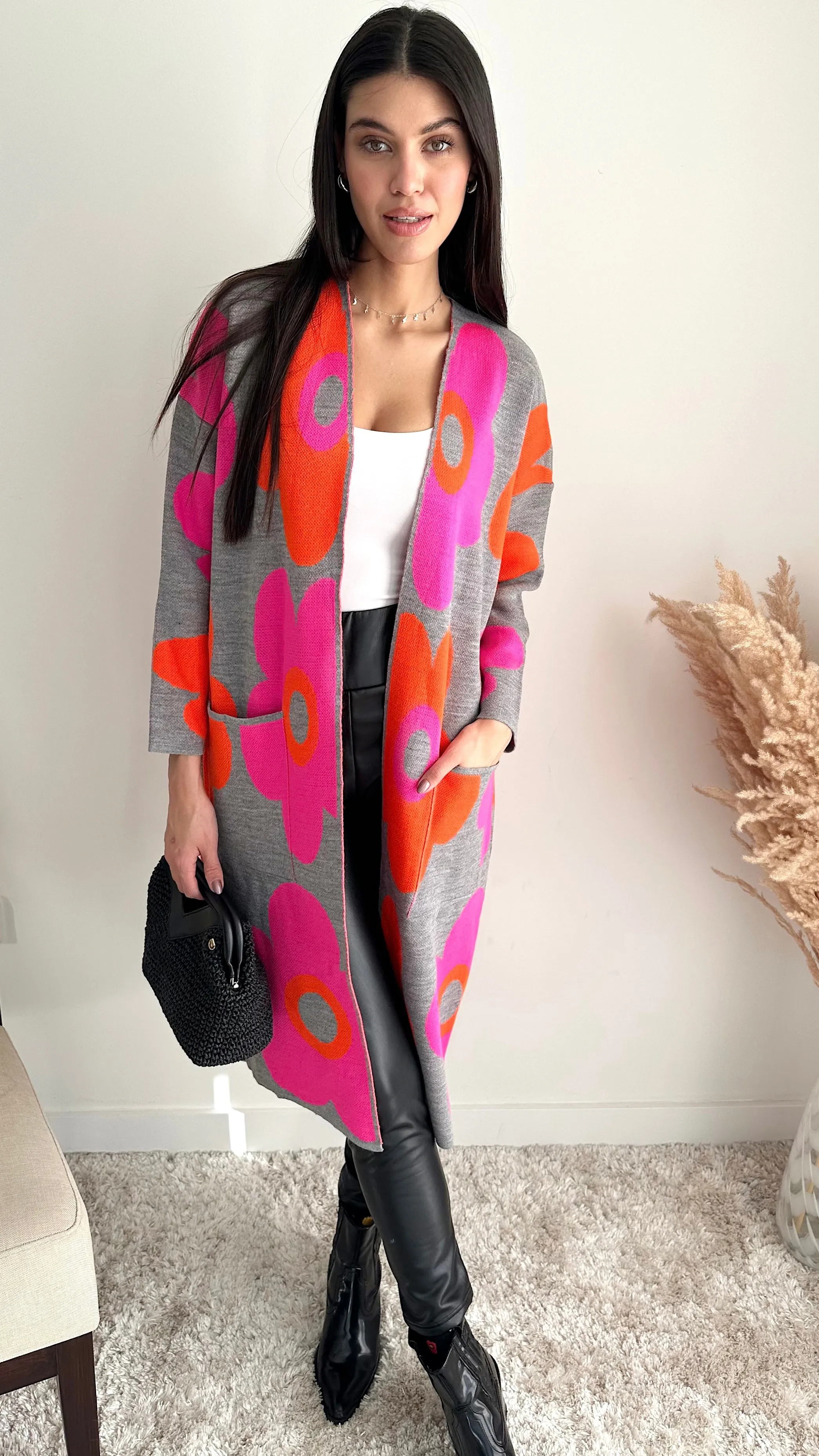 Floral print Longline Cardigan in Fuchsia/Orange