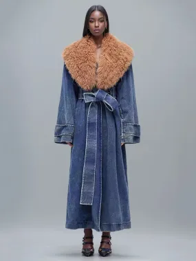 Fur Collar Belt Patchwork Pockets Loose Split Thick Warm Denim Overcoat