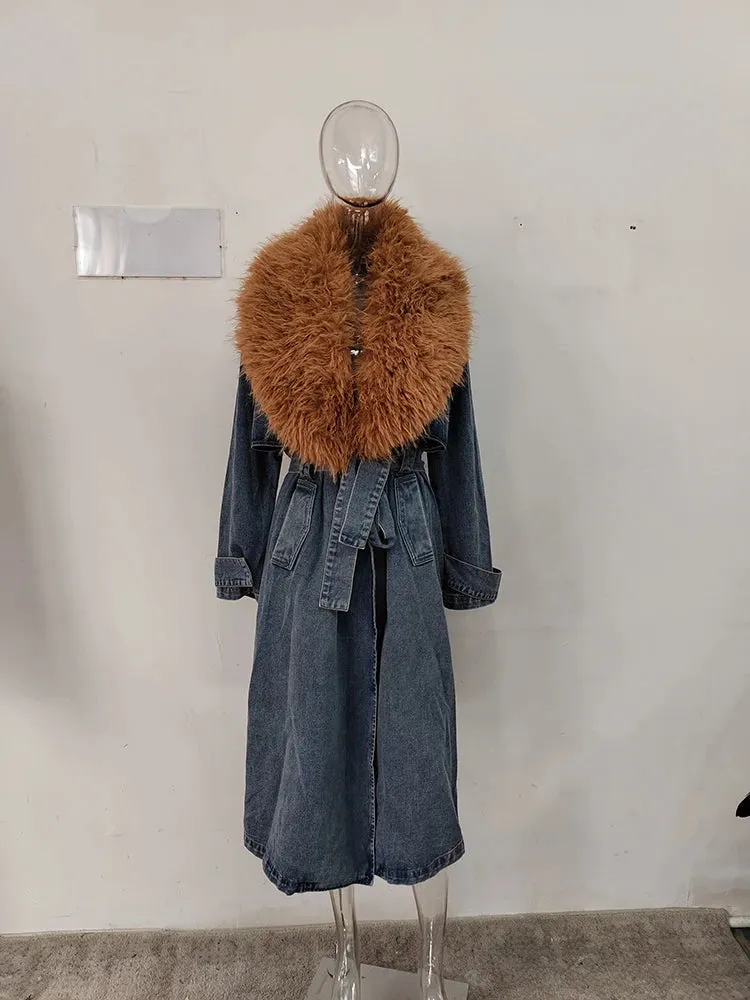 Fur Collar Belt Patchwork Pockets Loose Split Thick Warm Denim Overcoat