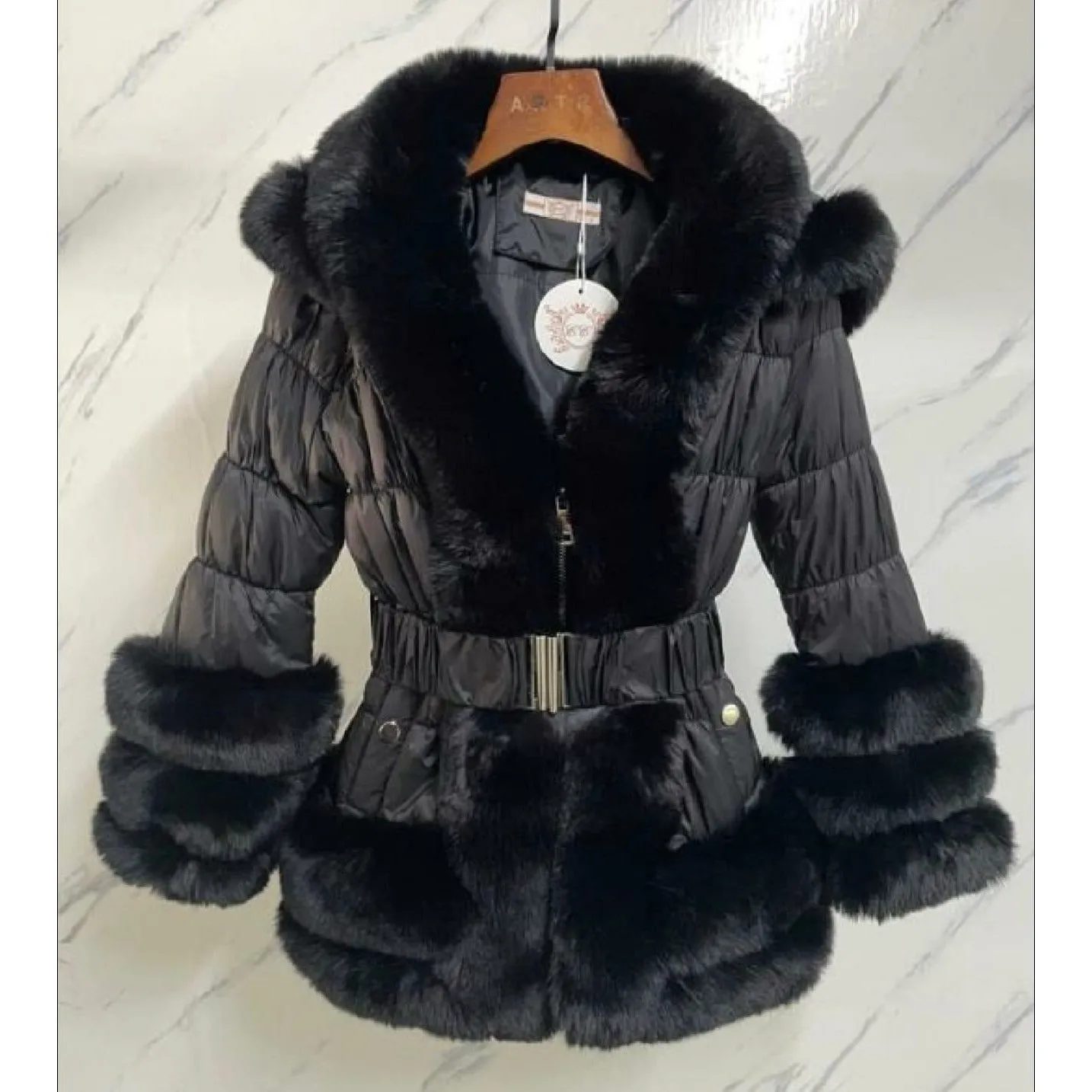 Girl's Black Quilted faux fur hooded coat