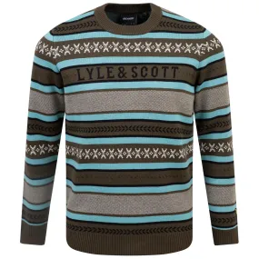 Glen Fair Isle Cotton Knit Crew Neck Jumper Olive - AW23