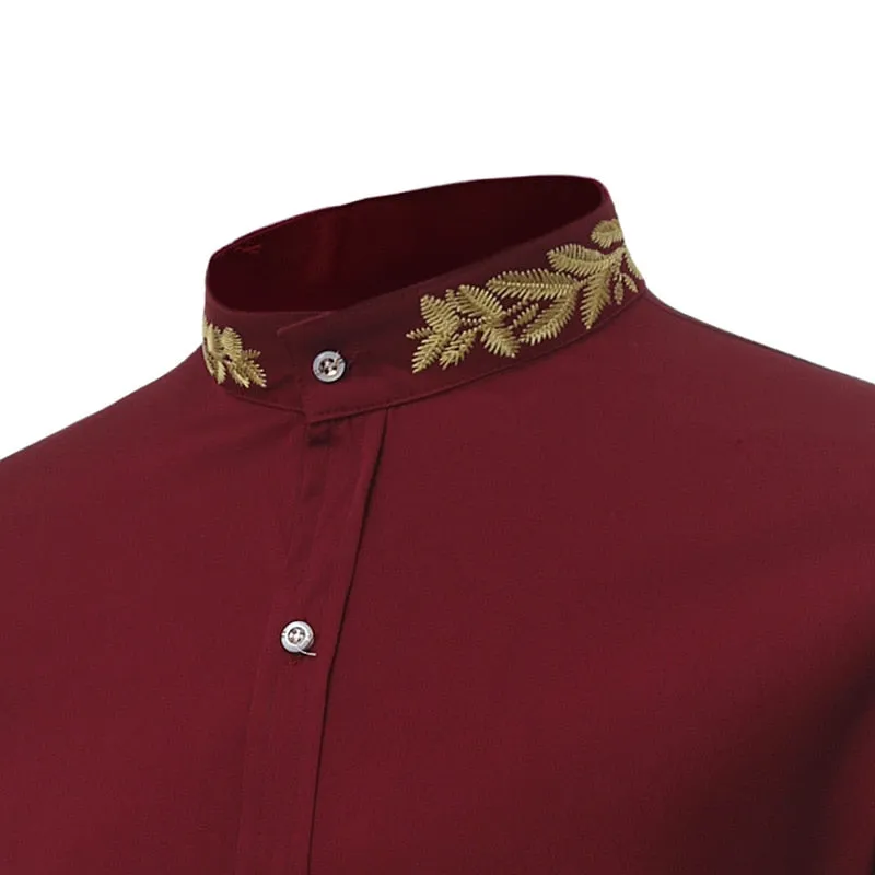 Gold Leaves Embroidery Decorated Mandarin Collar Shirt