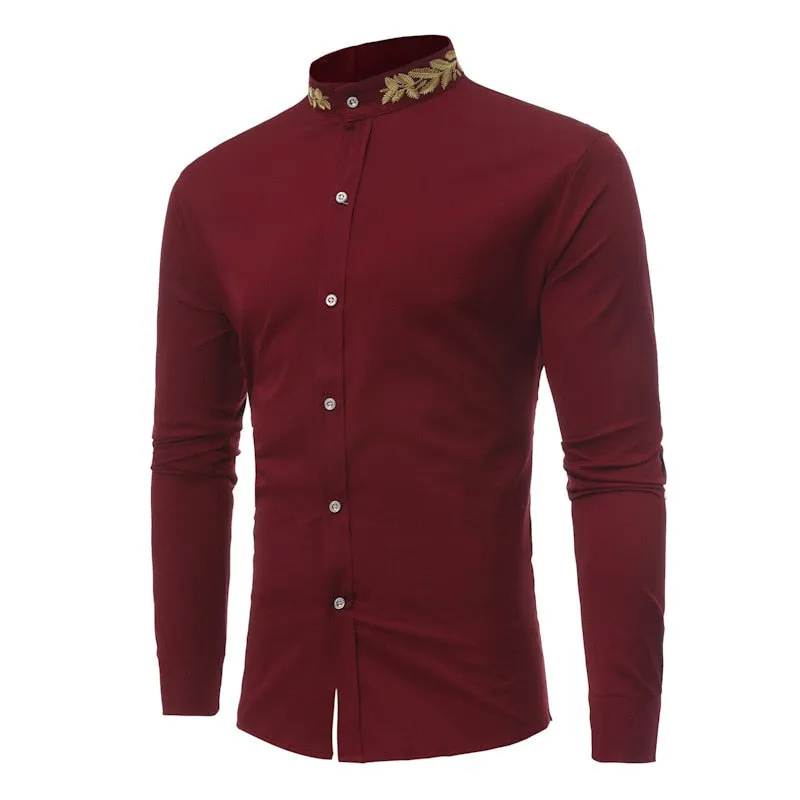 Gold Leaves Embroidery Decorated Mandarin Collar Shirt