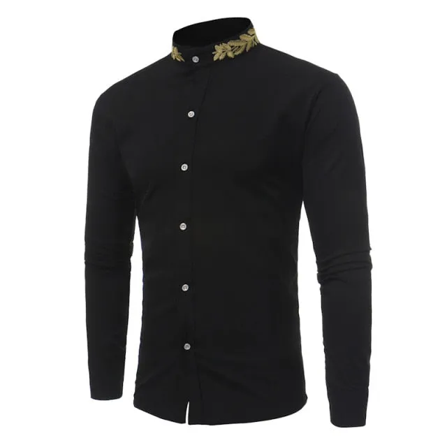 Gold Leaves Embroidery Decorated Mandarin Collar Shirt