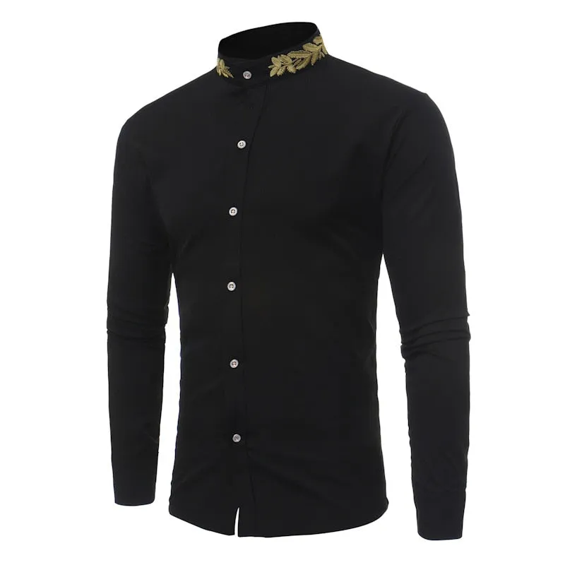 Gold Leaves Embroidery Decorated Mandarin Collar Shirt