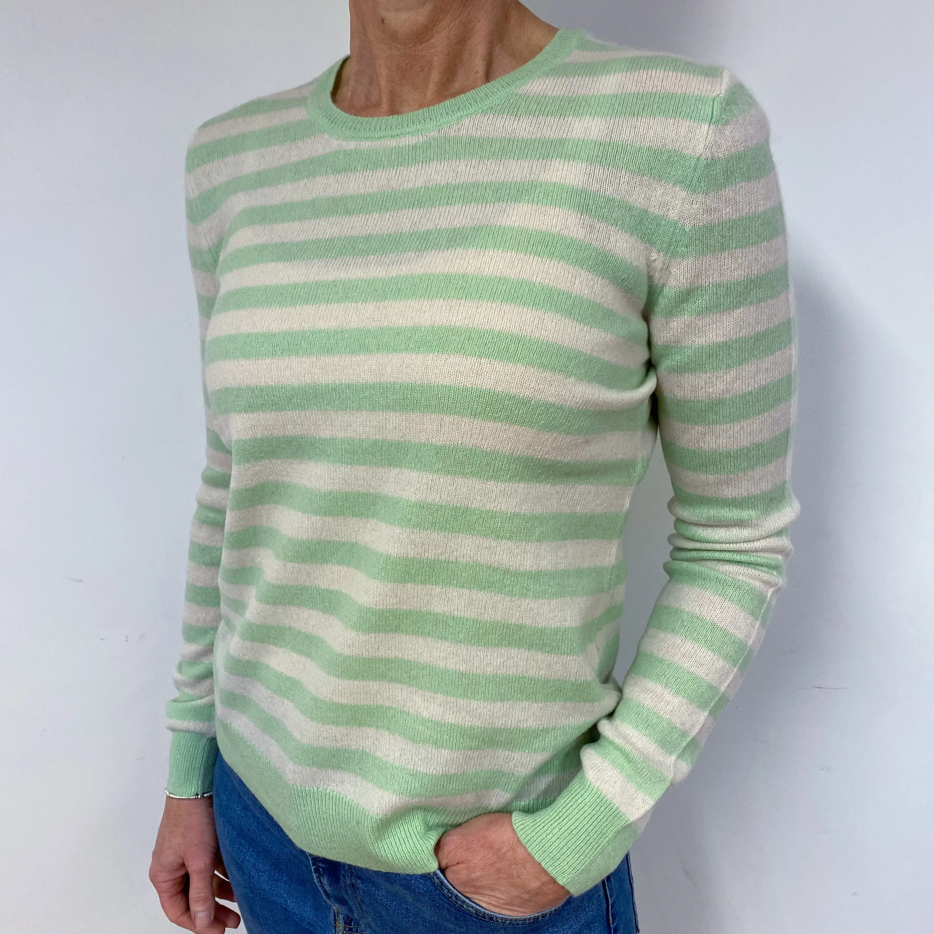 Green and Cream Stripe Cashmere Crew Neck Jumper Medium