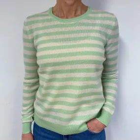 Green and Cream Stripe Cashmere Crew Neck Jumper Medium