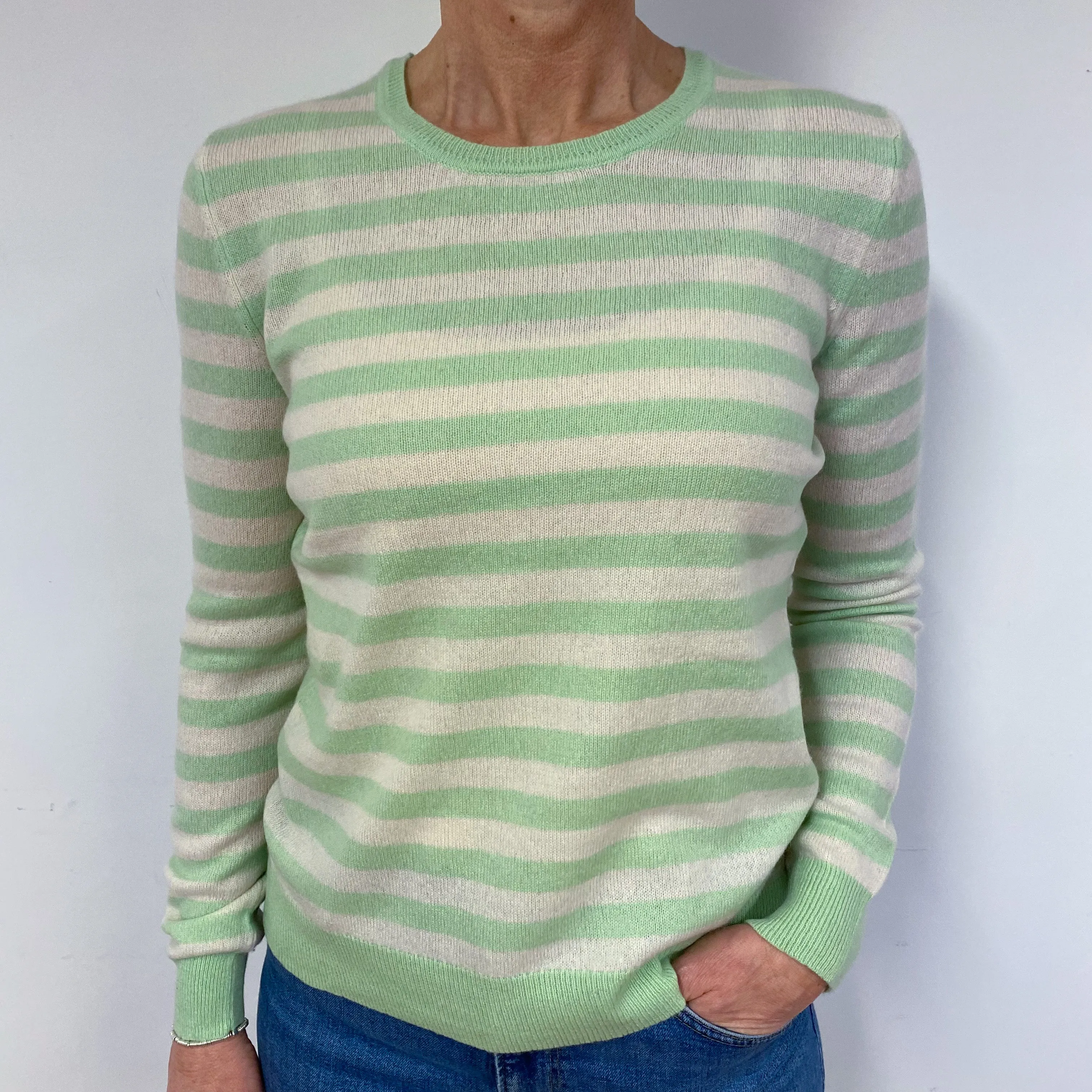 Green and Cream Stripe Cashmere Crew Neck Jumper Medium