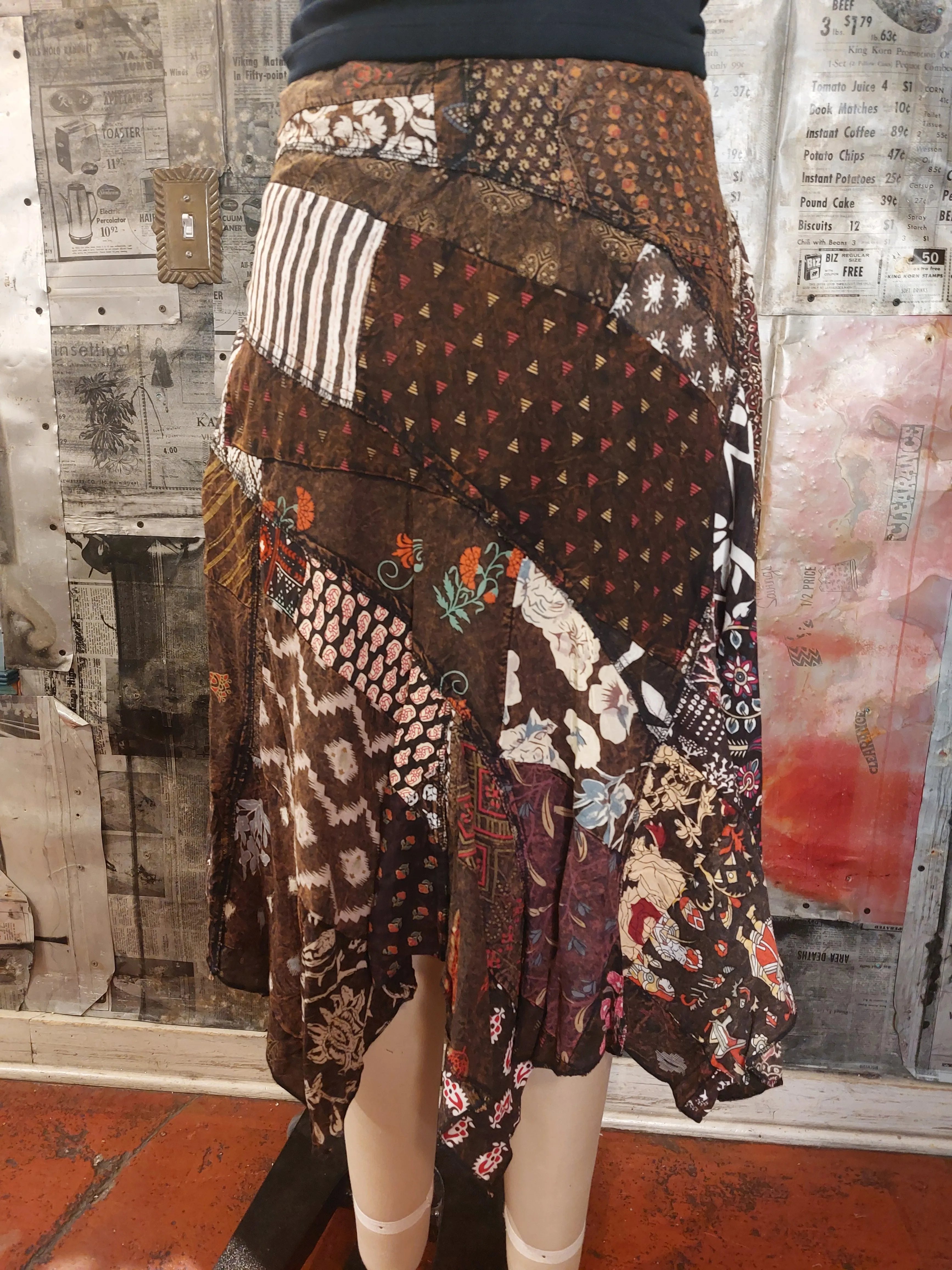 Handkerchief Patchwork Skirt - Stonewash Brown