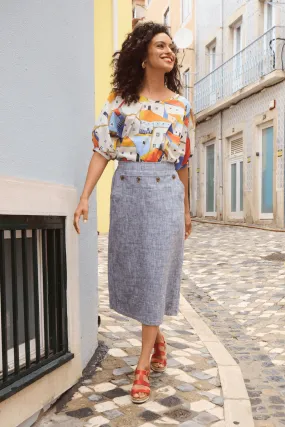 Hepburn Panorama Skirt Navy in Herringbone Linen