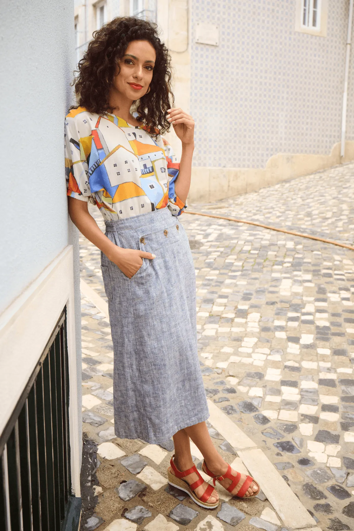 Hepburn Panorama Skirt Navy in Herringbone Linen