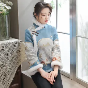 High Collar Fancy Cotton Fur Edge Women's Chinese Style Jacket Wadded Coat