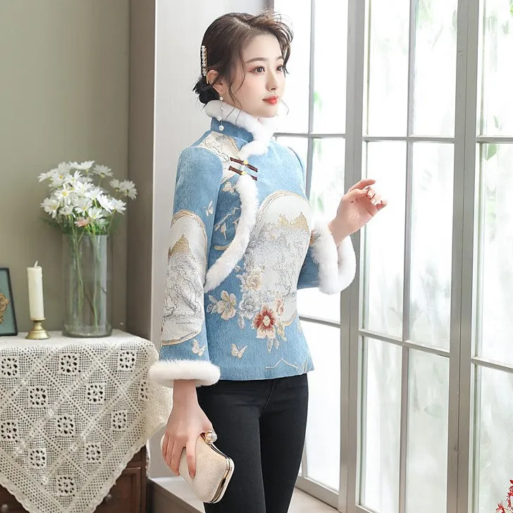 High Collar Fancy Cotton Fur Edge Women's Chinese Style Jacket Wadded Coat