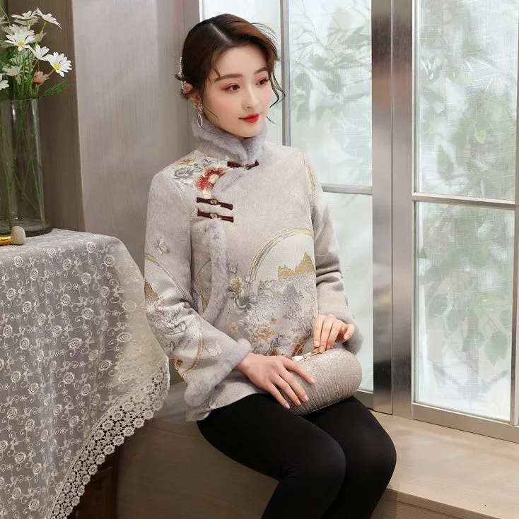 High Collar Fancy Cotton Fur Edge Women's Chinese Style Jacket Wadded Coat
