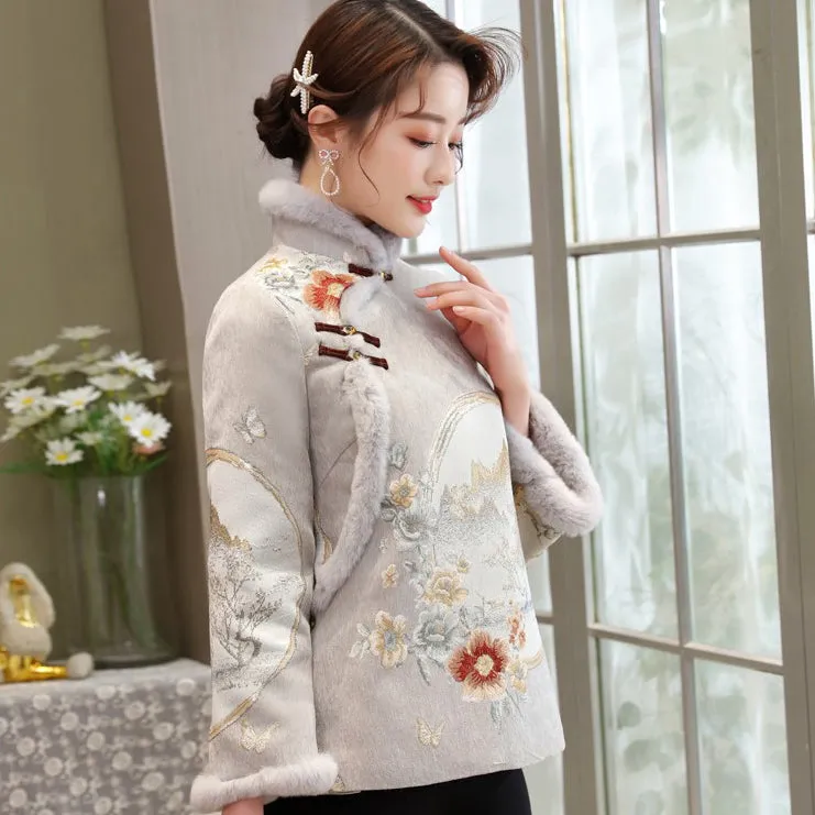 High Collar Fancy Cotton Fur Edge Women's Chinese Style Jacket Wadded Coat