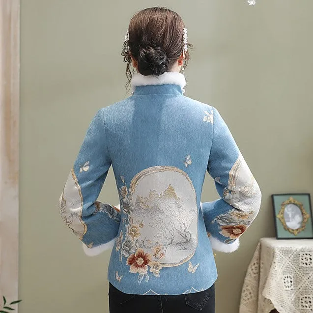 High Collar Fancy Cotton Fur Edge Women's Chinese Style Jacket Wadded Coat