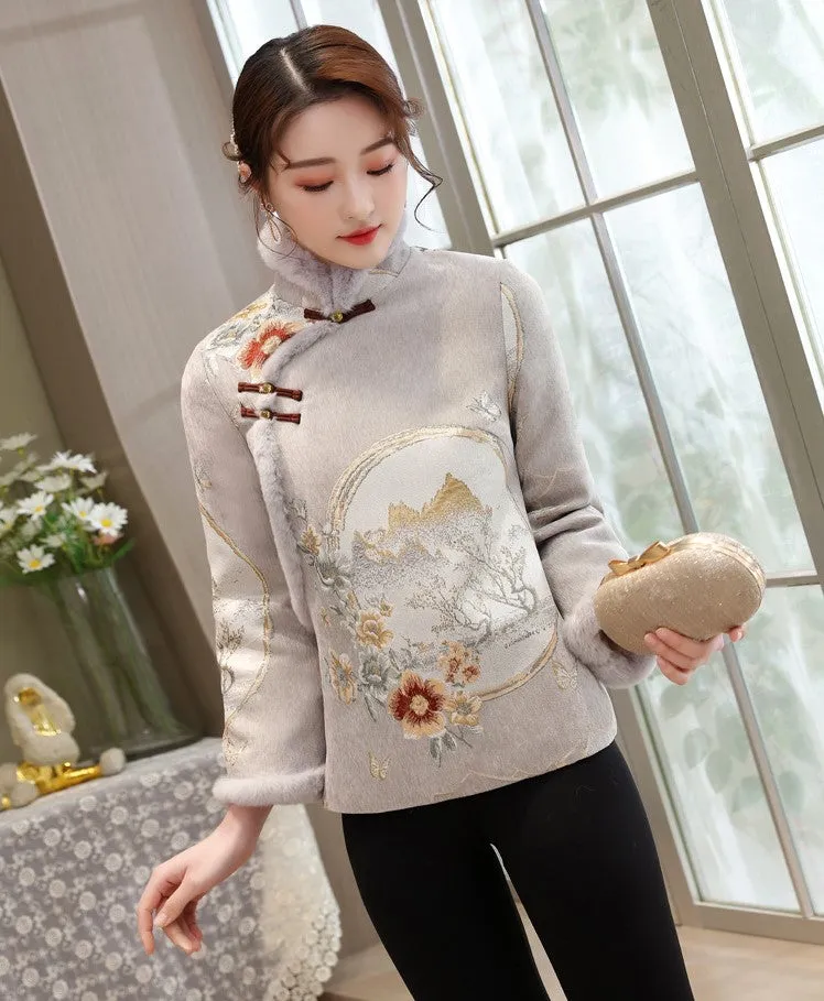High Collar Fancy Cotton Fur Edge Women's Chinese Style Jacket Wadded Coat