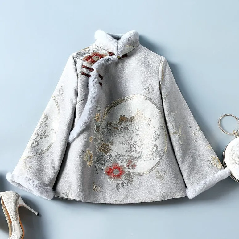 High Collar Fancy Cotton Fur Edge Women's Chinese Style Jacket Wadded Coat